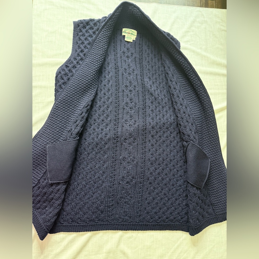 Aran Craft Merino Wool Open Front Vest with Pockets Navy Blue Cable Knit M - Picture 6 of 10